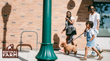 Happy family walks calm on the sidewalk in a busy city setting